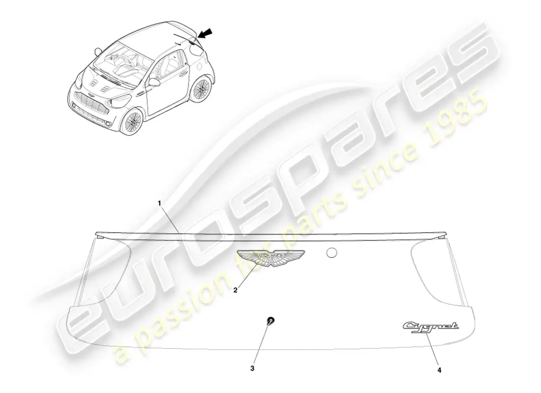 aston martin cygnet (2012) tailgate exterior trim & ornamentation parts diagram