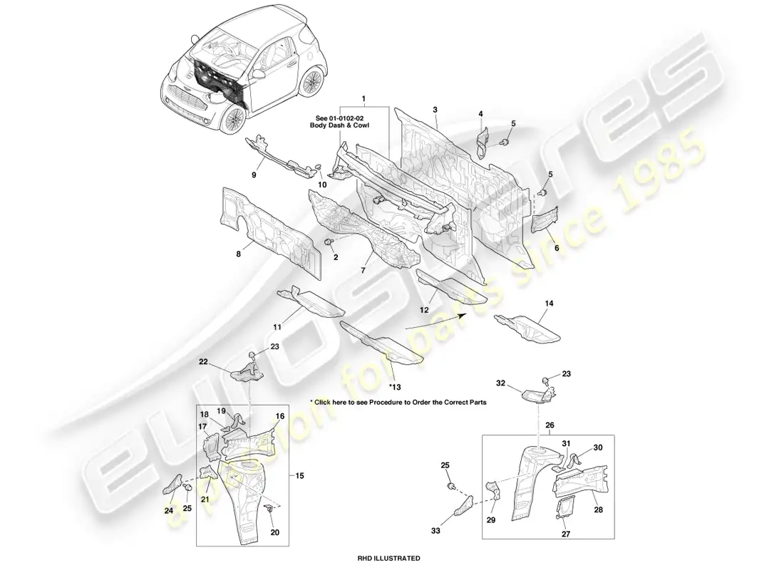 aston martin cygnet (2012) front fender apron & dash parts diagram