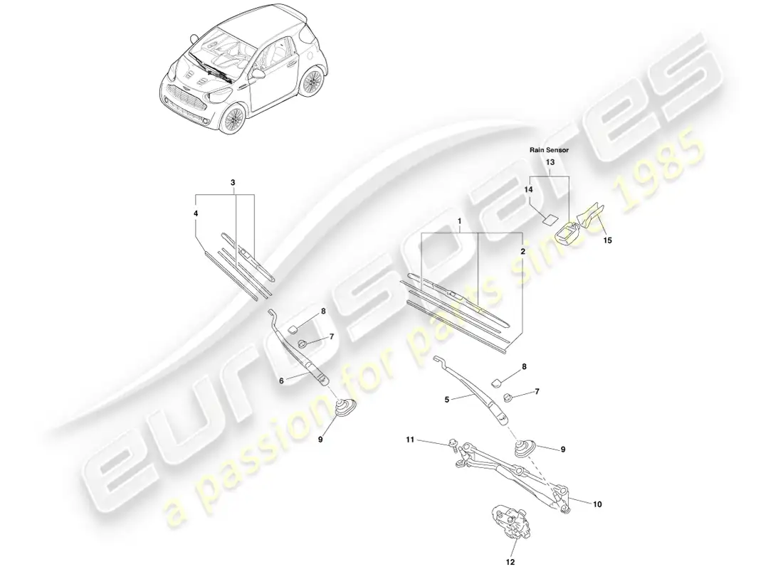 aston martin cygnet (2012) front windscreen wiper, lhd parts diagram