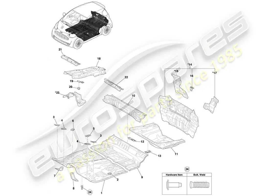 aston martin cygnet (2012) floor pan & lower back panel parts diagram