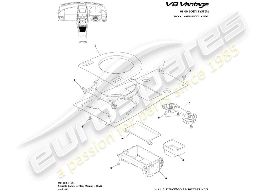 aston martin v8 vantage (2015) front console, manual, 16my part diagram