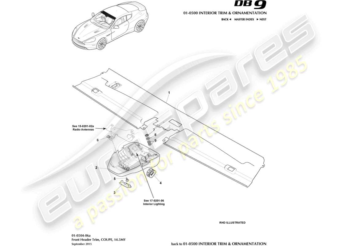 aston martin db9 (2015) front header trim, coupe, 14.5my part diagram