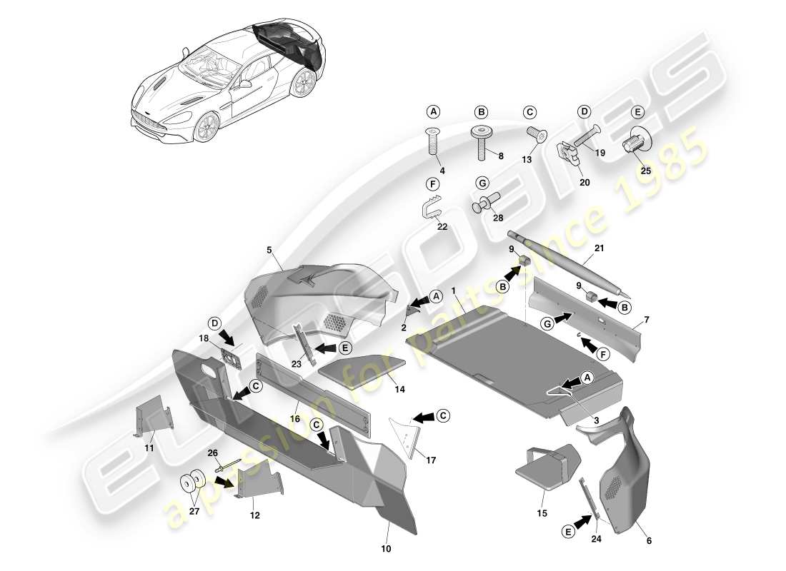 aston martin vanquish (2013) load compartment trim, coupe 14.5my part diagram