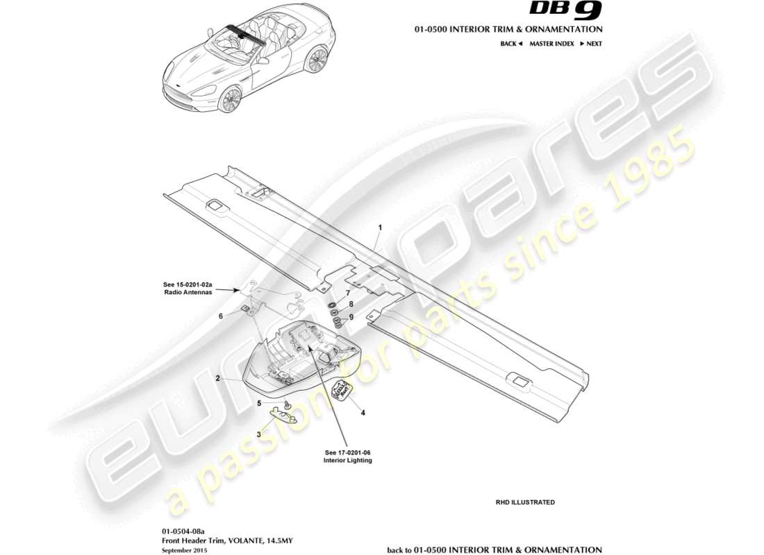 aston martin db9 (2015) front header rim, volante, 14.5my part diagram