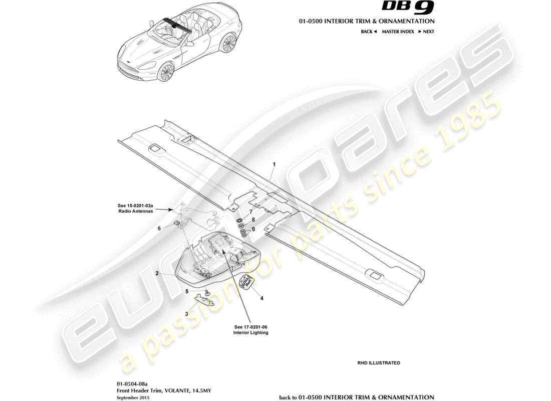 aston martin db9 (2013) front header trim, volante, 14.5my parts diagram