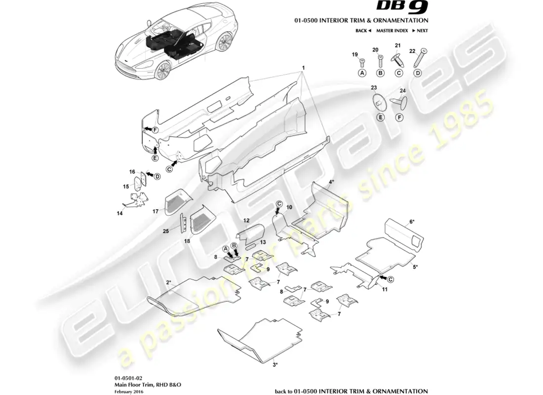 aston martin db9 (2016) main floor trim, rhd, b&o parts diagram