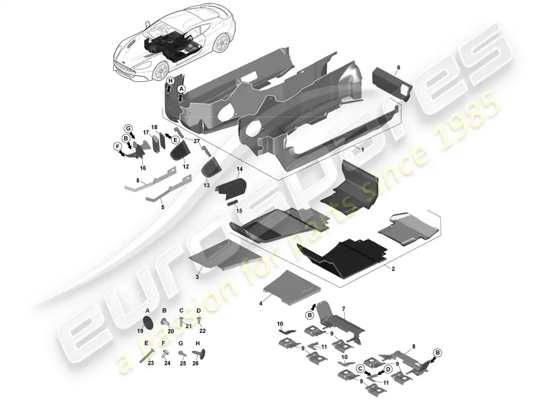 aston martin vanquish (2014) main floor trim, rhd parts diagram