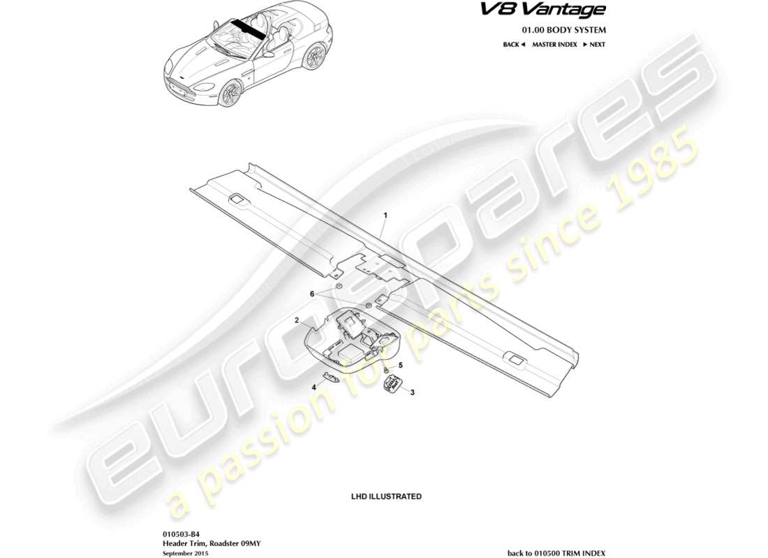 aston martin v8 vantage (2018) header trim, roadster 09my part diagram