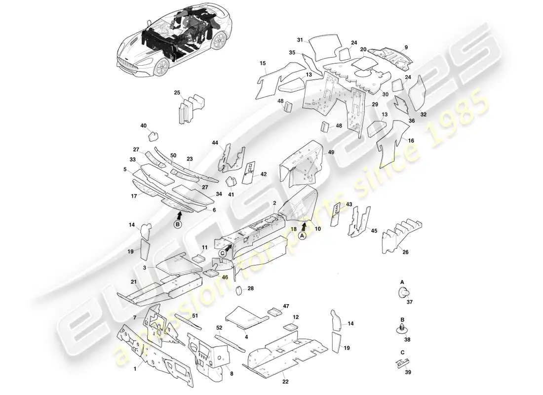 aston martin vanquish (2014) nvh pads, coupe parts diagram