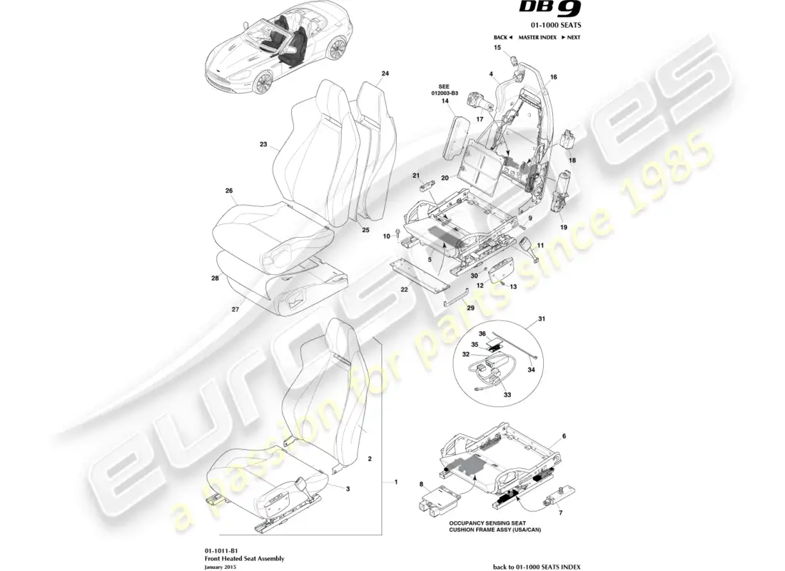 aston martin db9 (2014) front heated seats parts diagram
