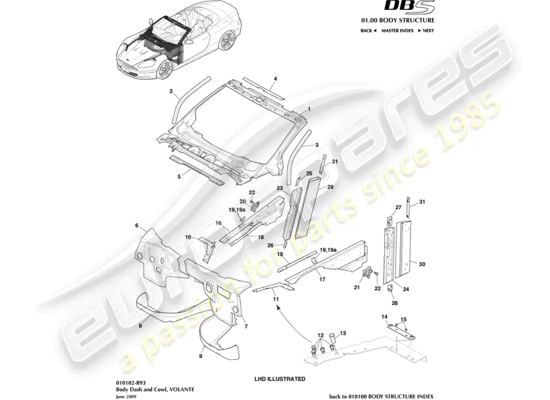 aston martin dbs (2012) body dash and cowl, volante parts diagram