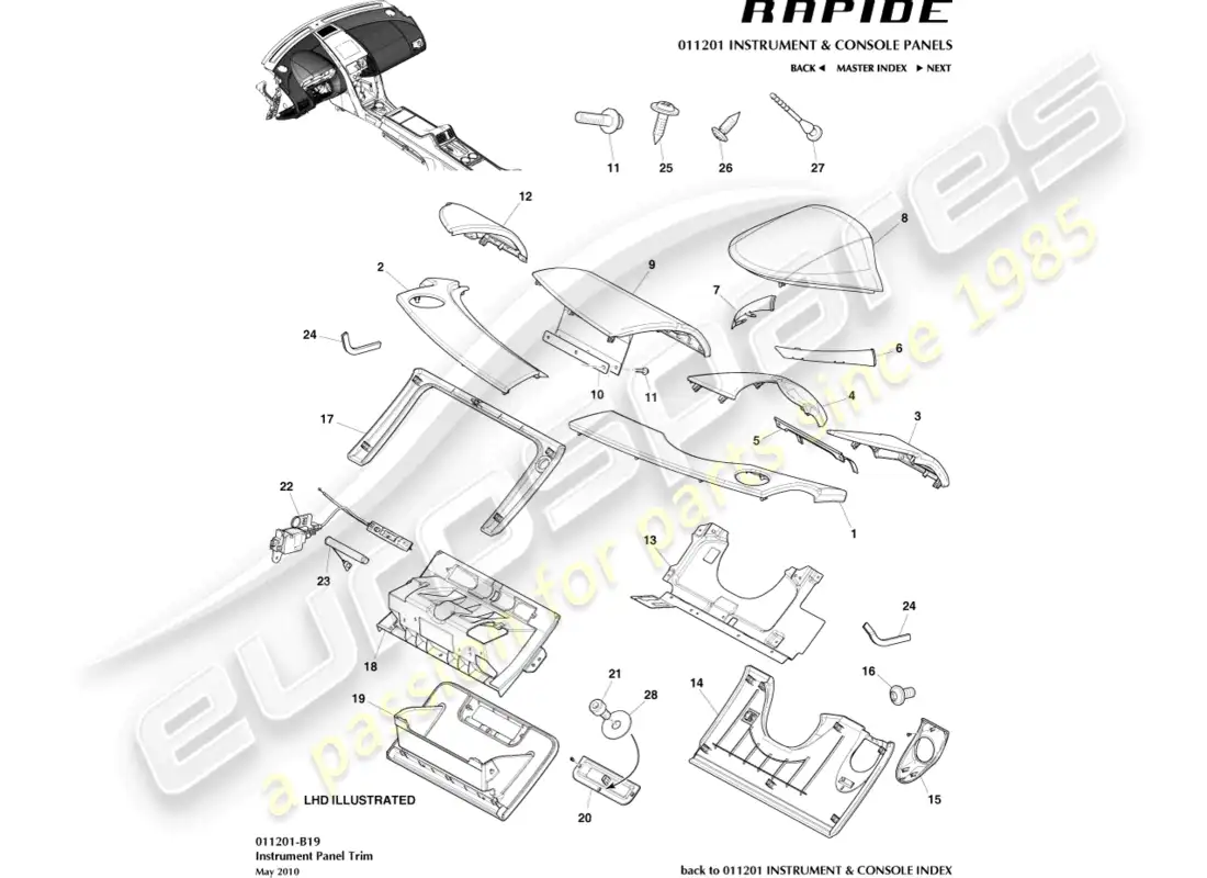 aston martin rapide (2016) ip trimmed panels parts diagram