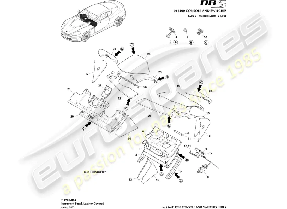aston martin dbs (2009) instrument panel, leather, b&o parts diagram
