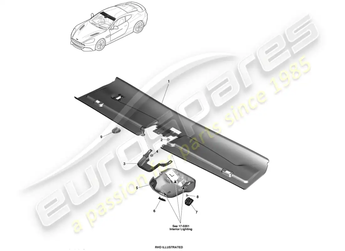 aston martin vanquish (2014) front header trim, coupe parts diagram