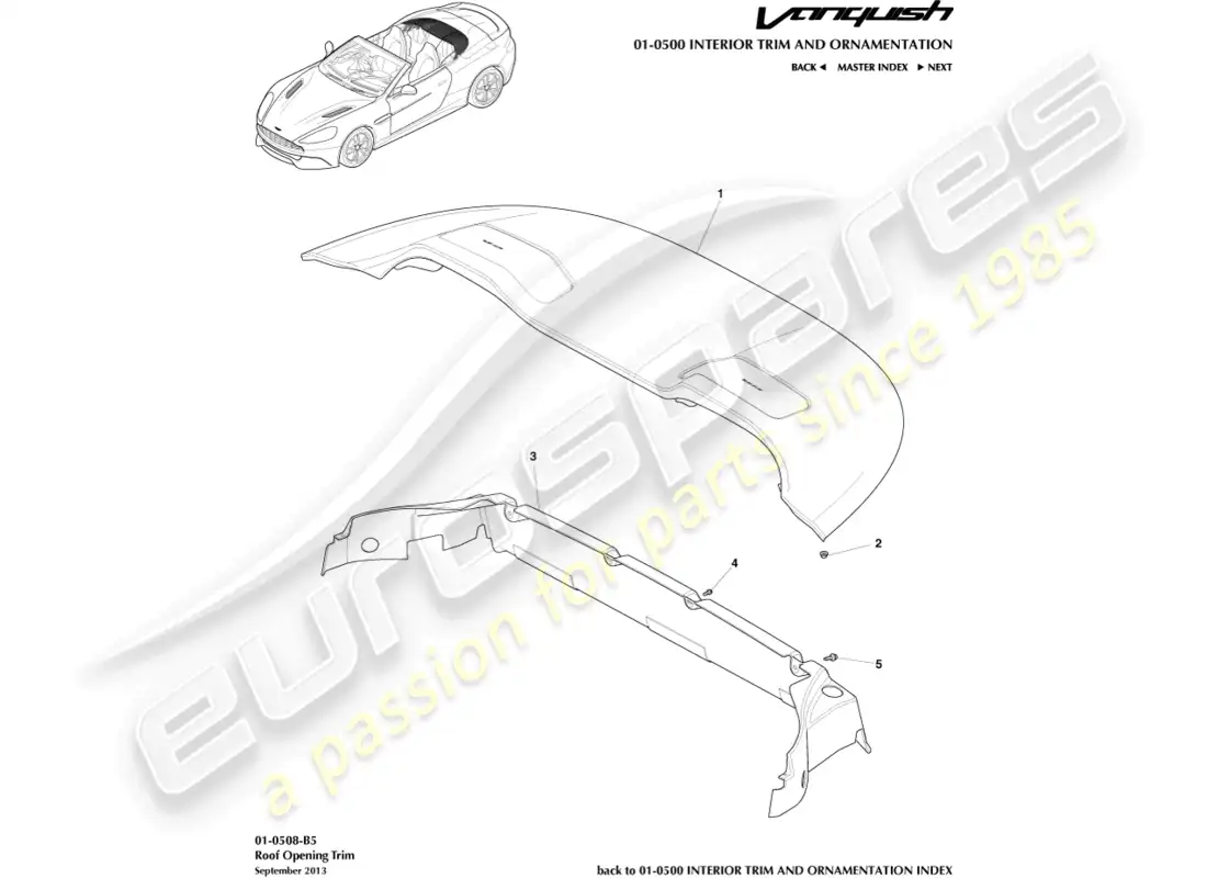 aston martin vanquish (2016) roof opening trim, volante parts diagram