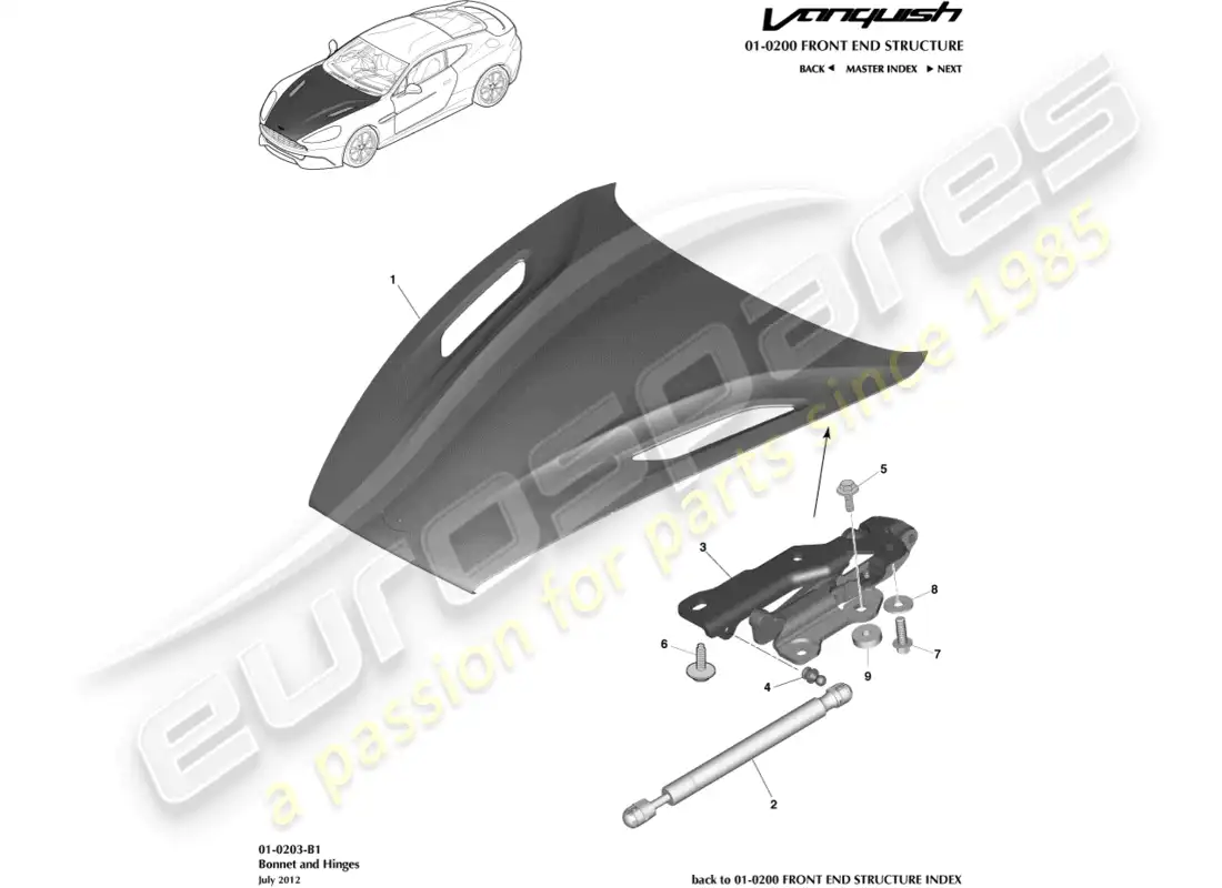 aston martin vanquish (2018) bonnet and hinges parts diagram