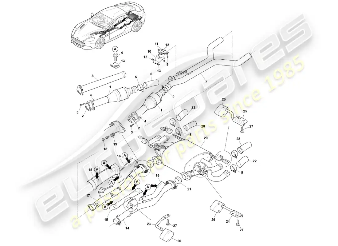 aston martin vanquish (2014) exhaust system, s parts diagram