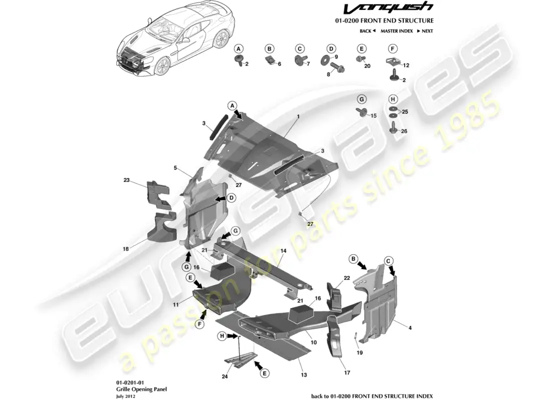 aston martin vanquish (2017) grille opening panel parts diagram