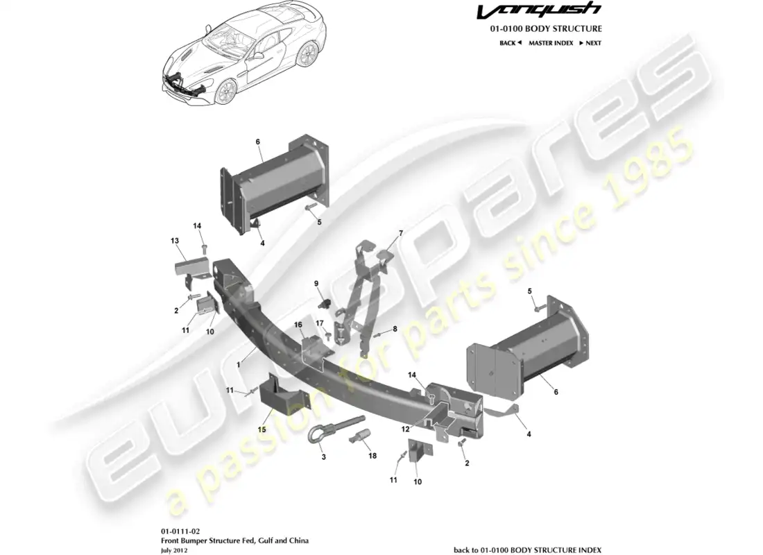 aston martin vanquish (2017) front bumper structure, federal parts diagram