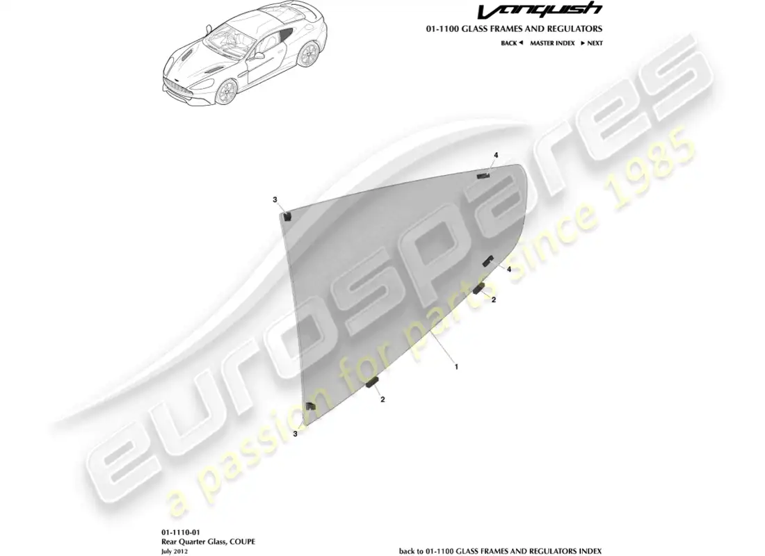 aston martin vanquish (2018) rear quarter glass, coupe parts diagram
