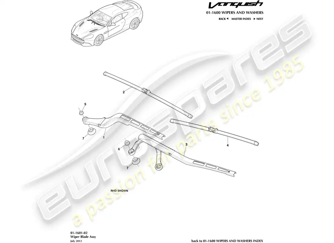 aston martin vanquish (2016) wiper blade assembly parts diagram