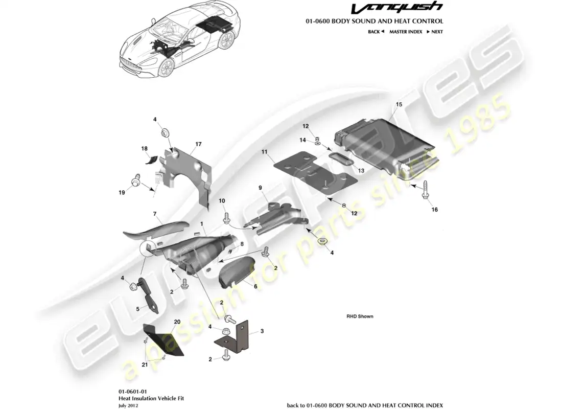 aston martin vanquish (2018) heat insulation, vehicle fit parts diagram