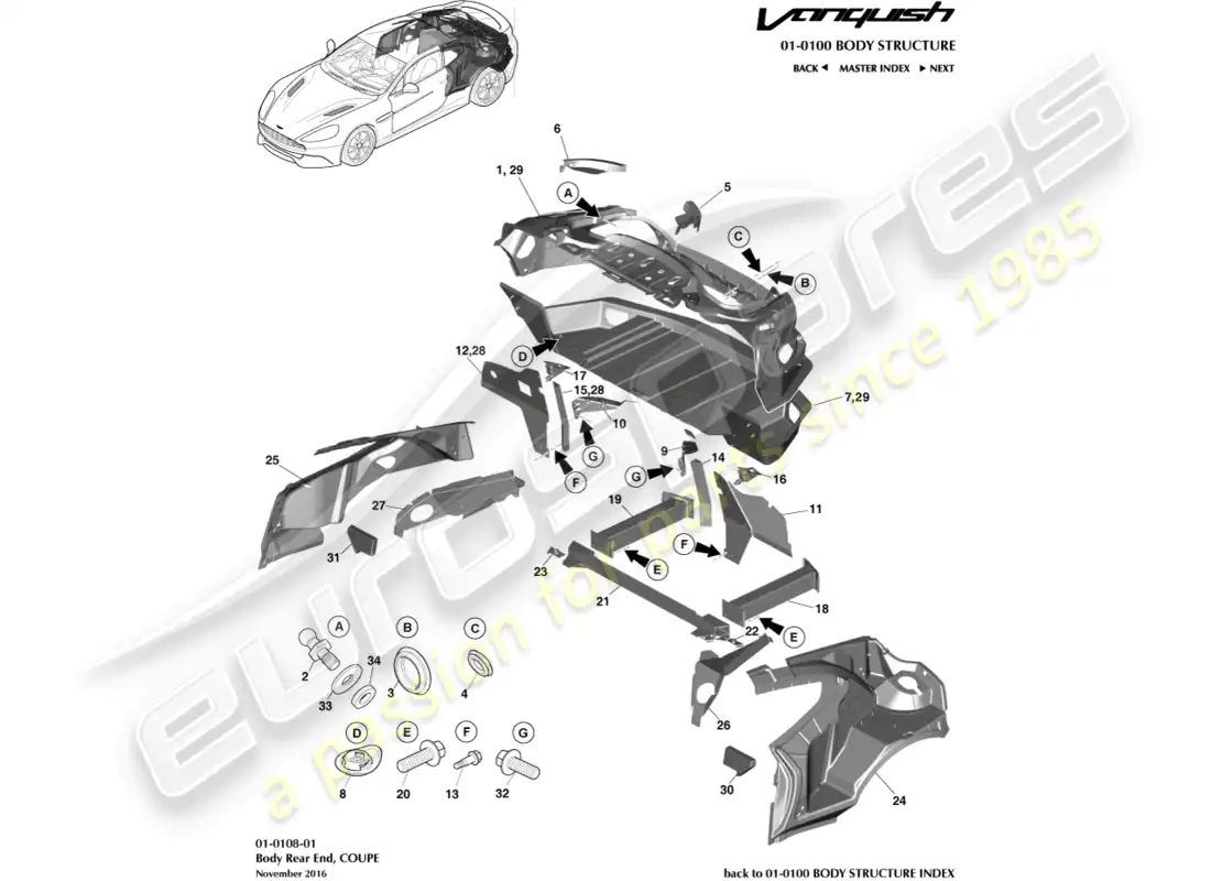 aston martin vanquish (2018) body rear end, coupe parts diagram
