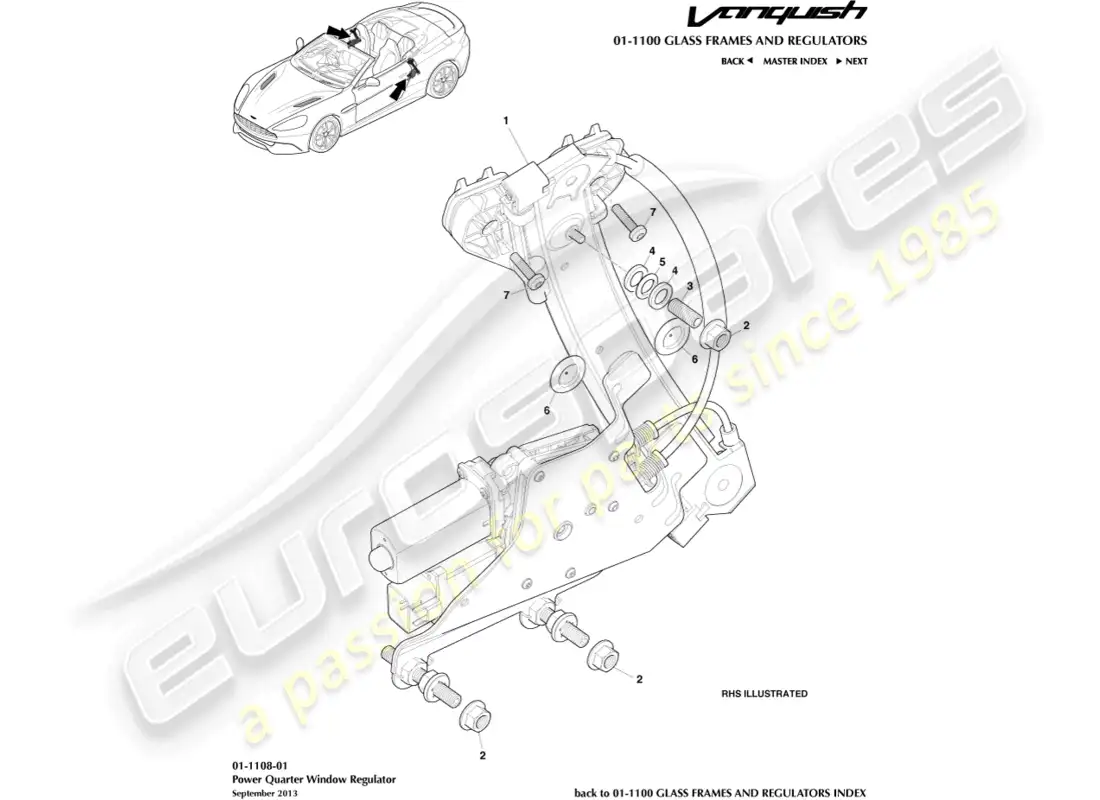 aston martin vanquish (2018) rear quarter window regulator, volante parts diagram