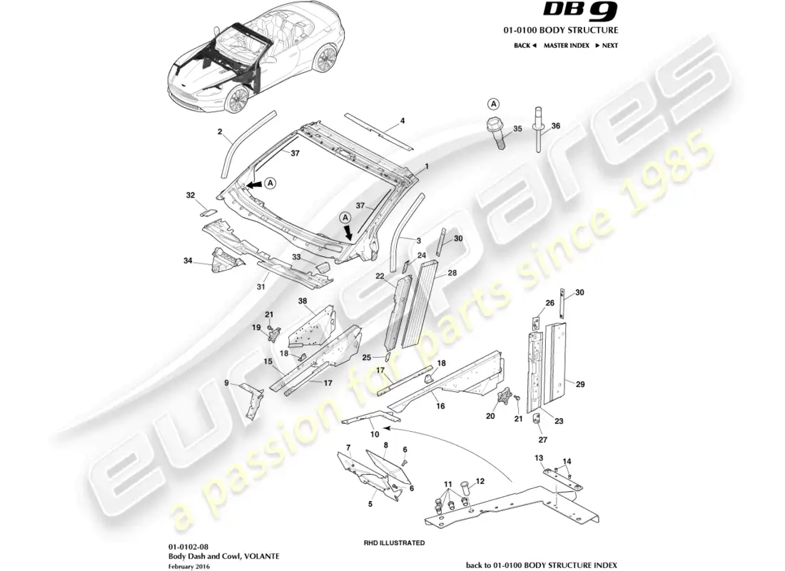 aston martin db9 (2013) body dash & cowl, volante parts diagram