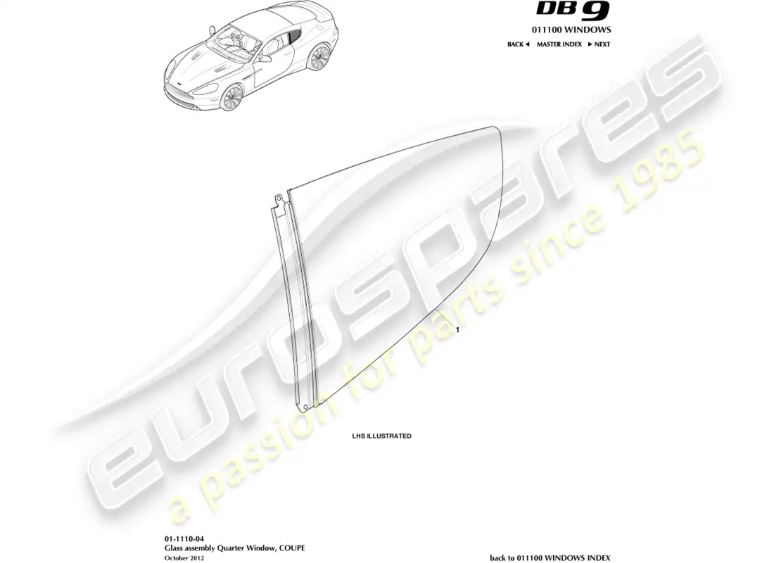 aston martin db9 (2014) rear quarter glass, coupe parts diagram