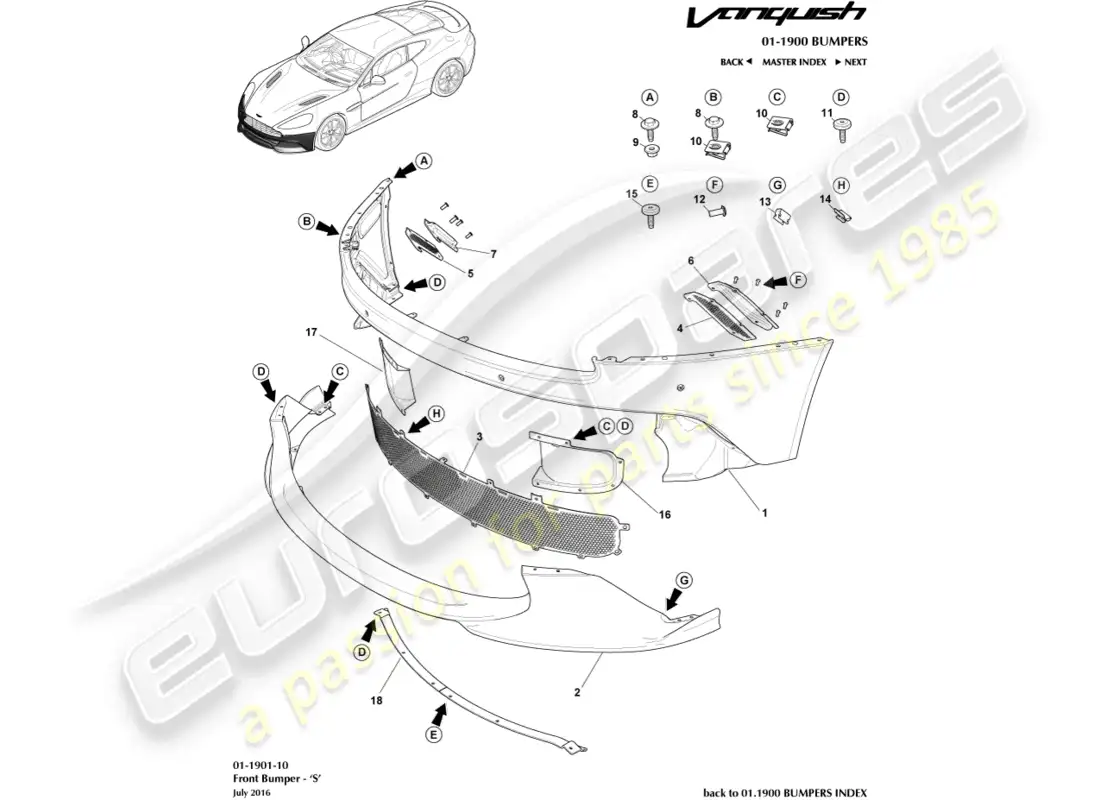 aston martin vanquish (2018) front bumper, s parts diagram