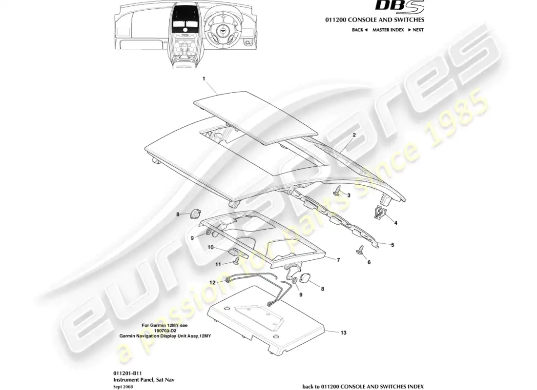 aston martin dbs (2009) instrument panel, sat nav, 09my parts diagram