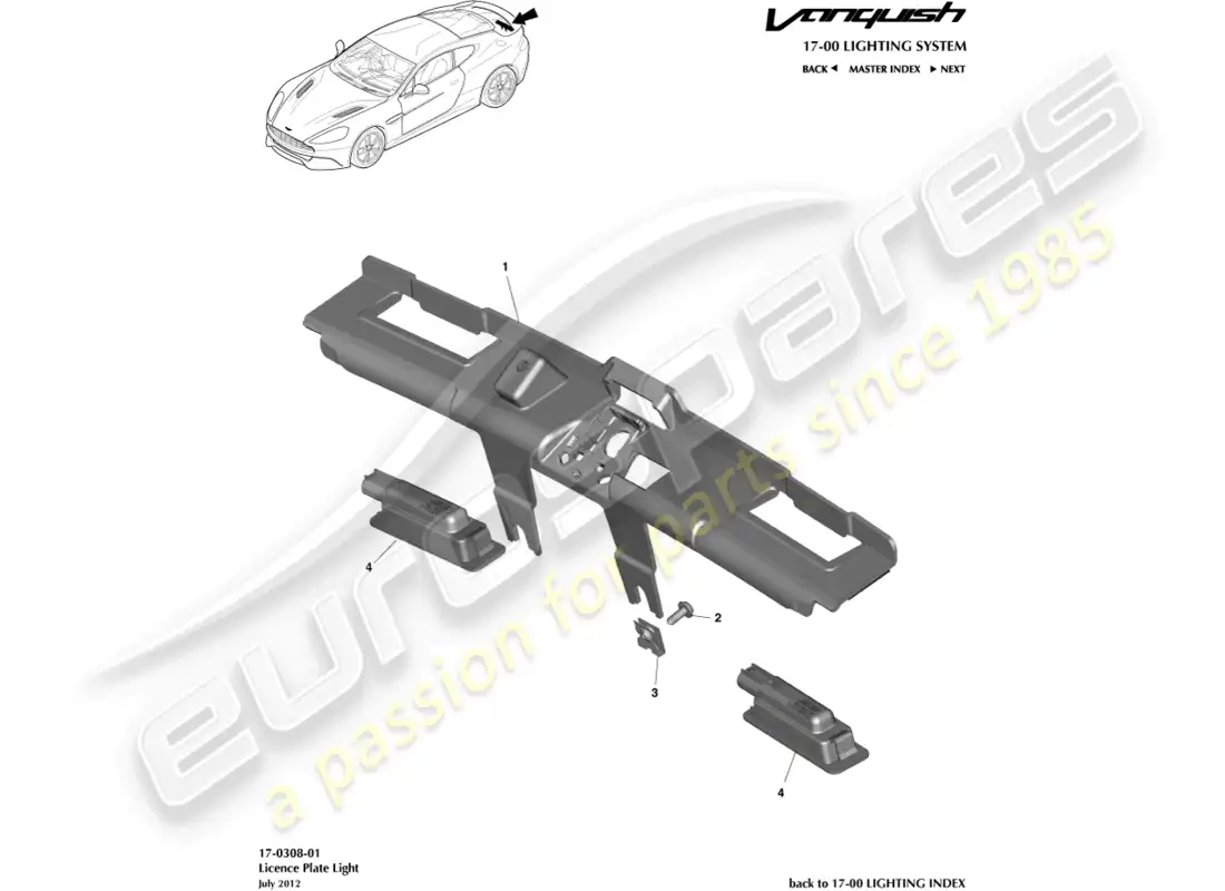 aston martin vanquish (2018) license plate lamps parts diagram
