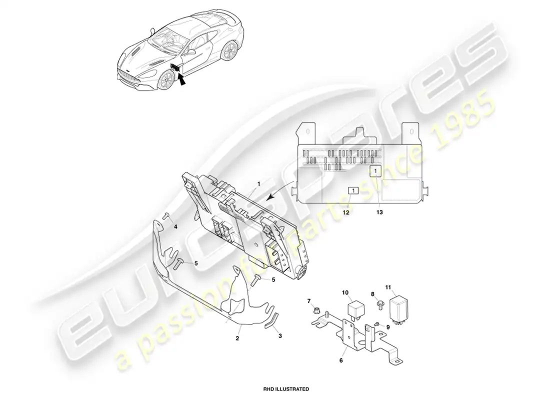 aston martin vanquish (2014) passenger compartment fusebox parts diagram