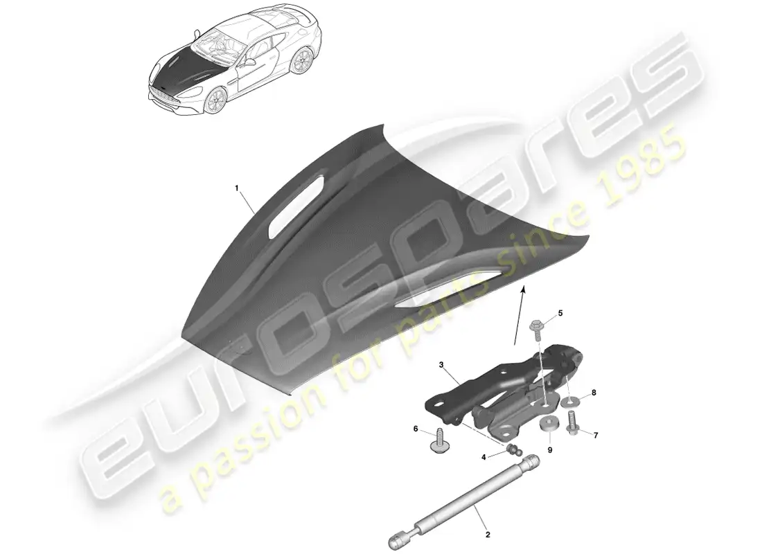 aston martin vanquish (2014) bonnet and hinges parts diagram