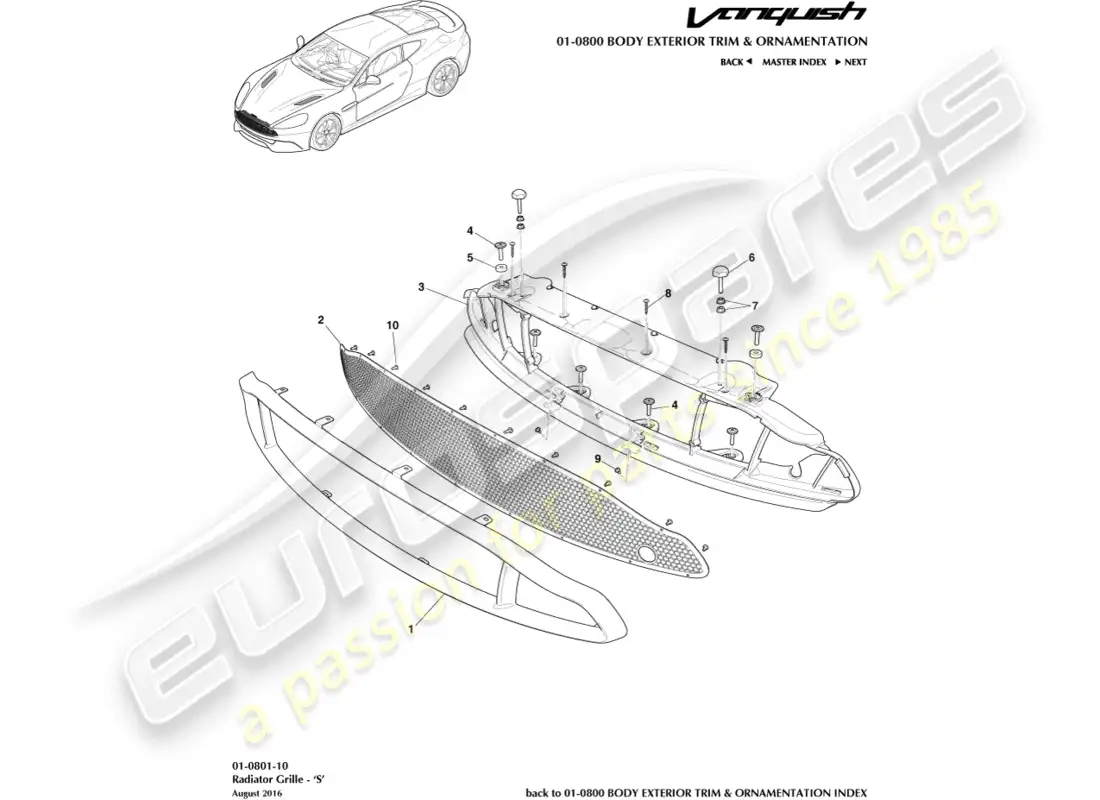aston martin vanquish (2016) radiator grille, s parts diagram
