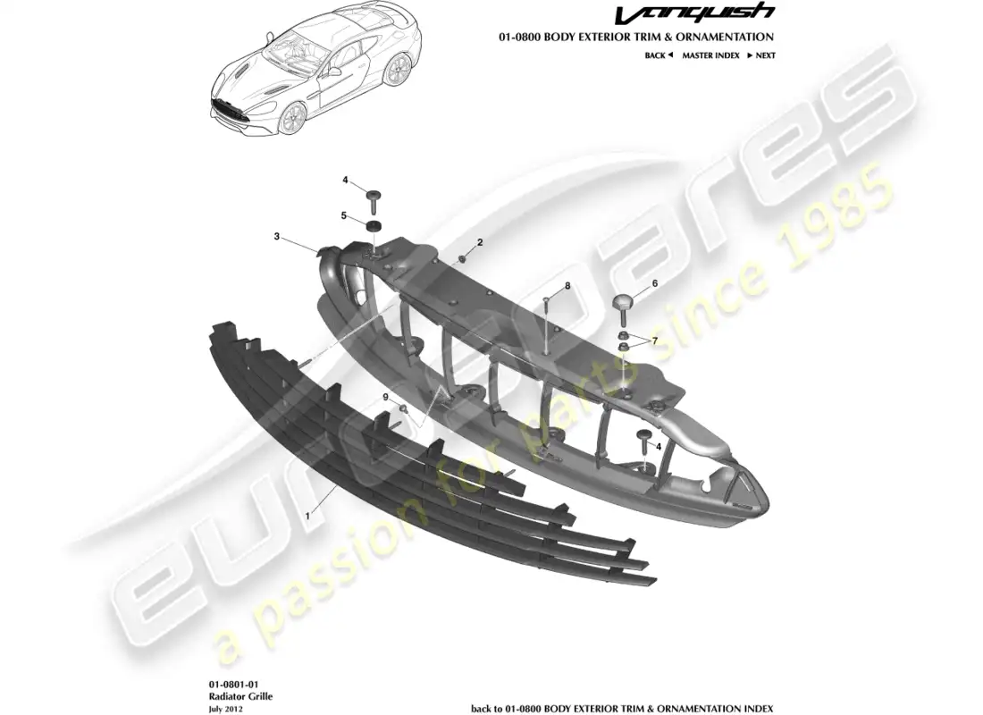 aston martin vanquish (2016) radiator grille parts diagram