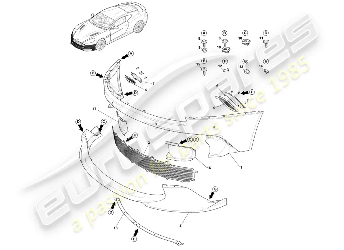 aston martin vanquish (2014) front bumper, s parts diagram