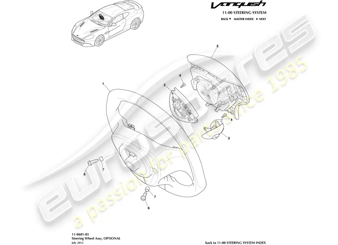 aston martin vanquish (2017) steering wheel, optional parts diagram
