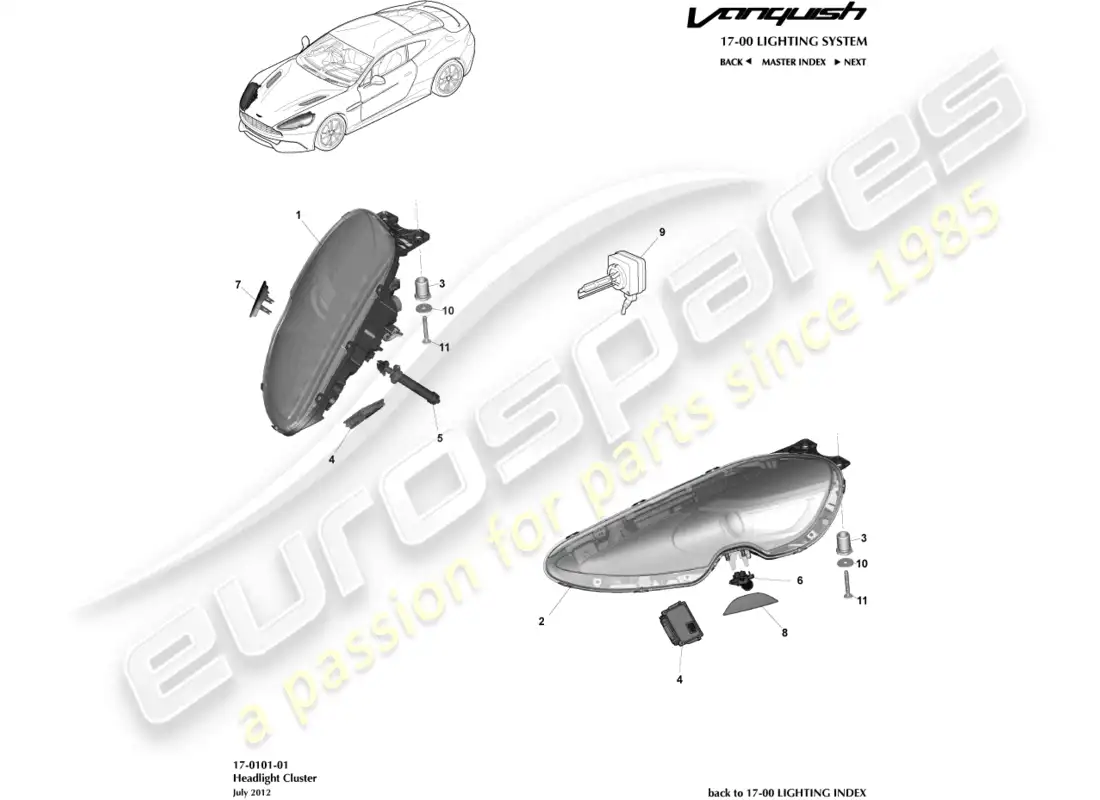 aston martin vanquish (2015) headlights parts diagram