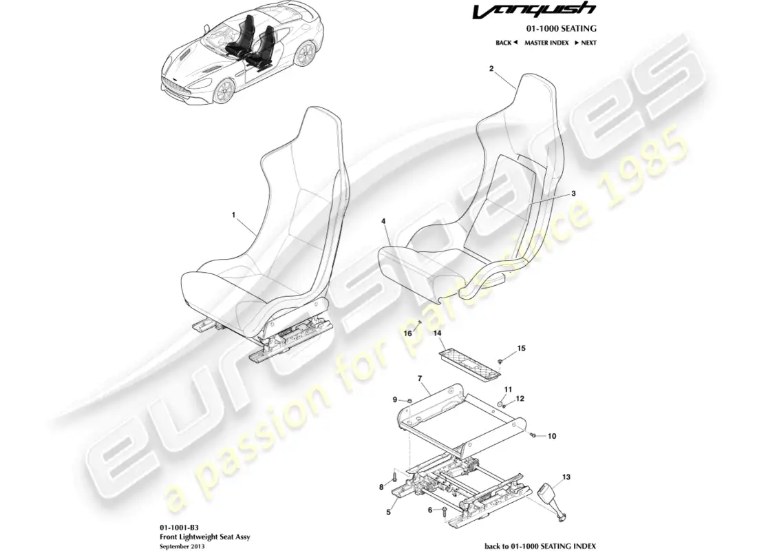 aston martin vanquish (2016) front lightweight seats parts diagram
