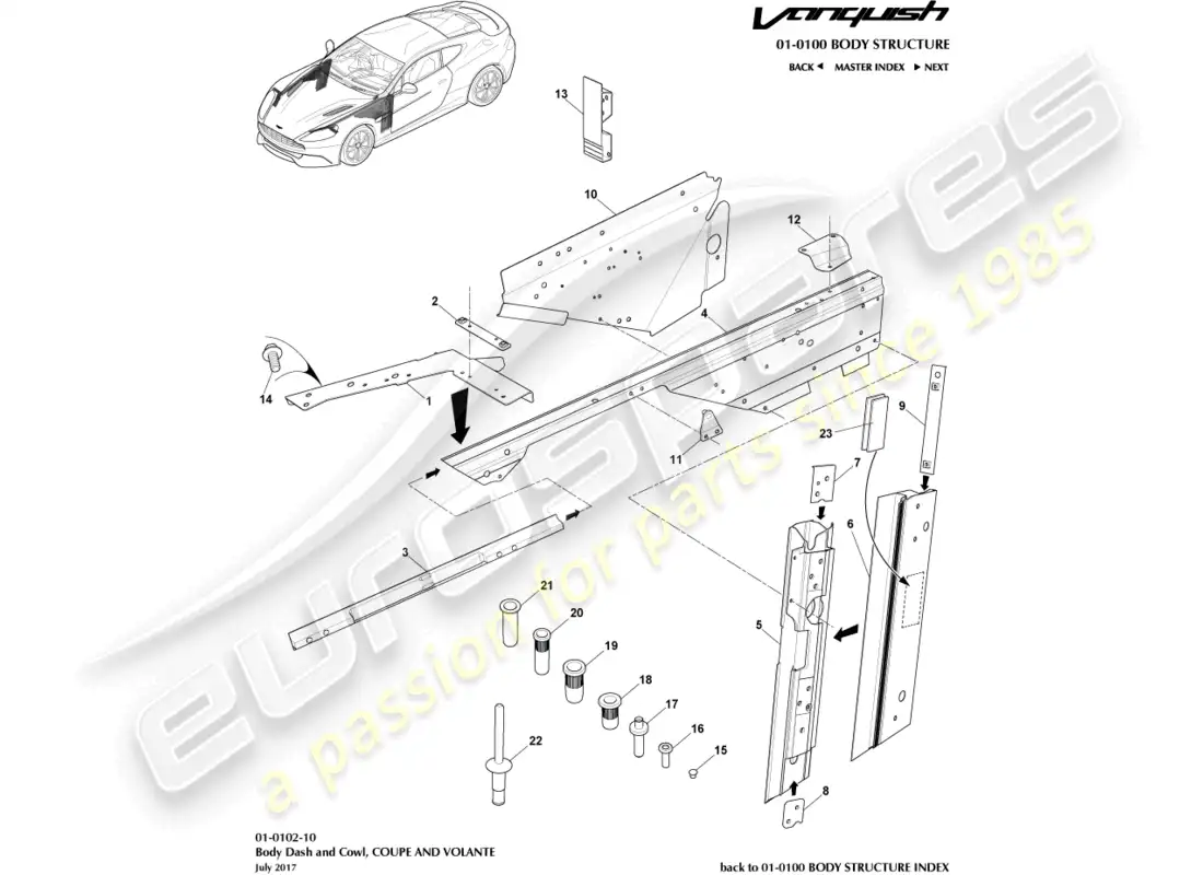 aston martin vanquish (2018) body frame, front parts diagram