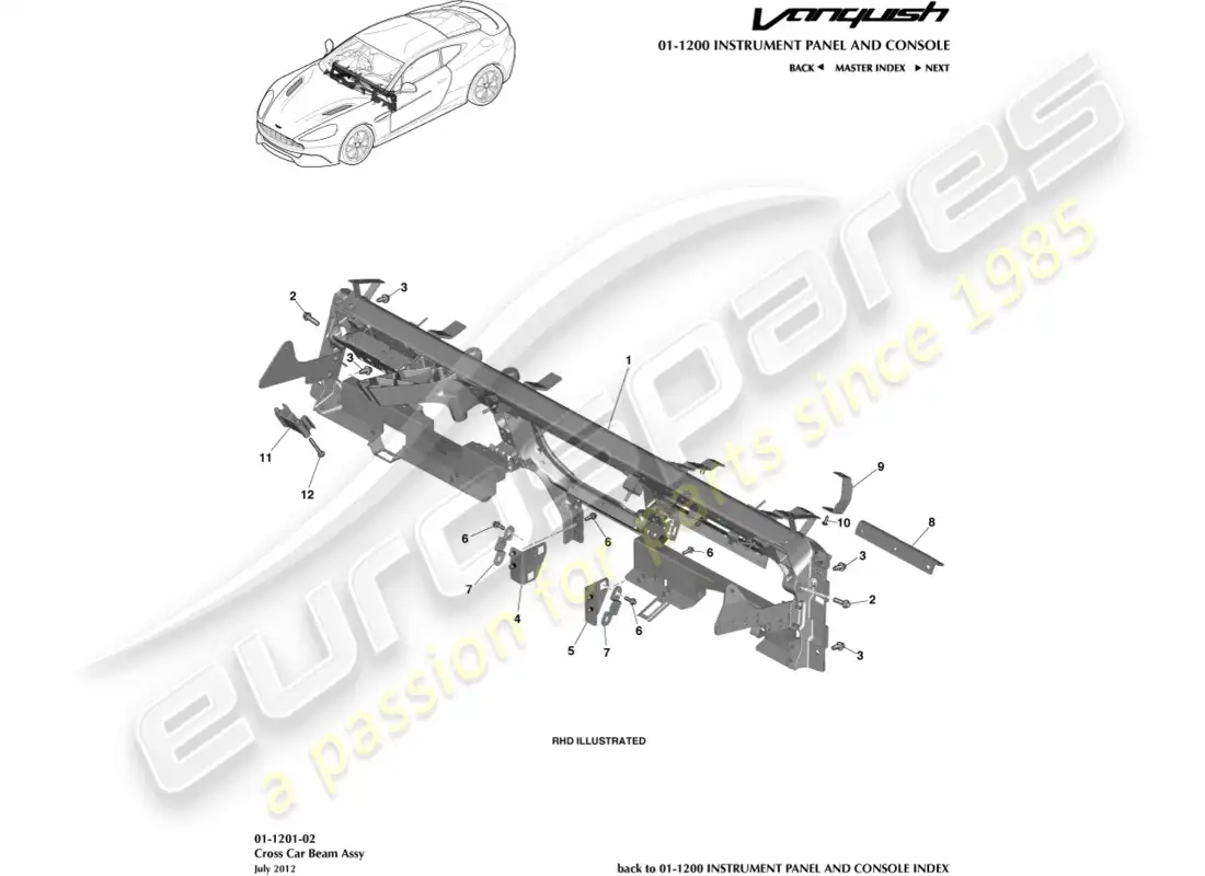 aston martin vanquish (2018) ip cross beam parts diagram