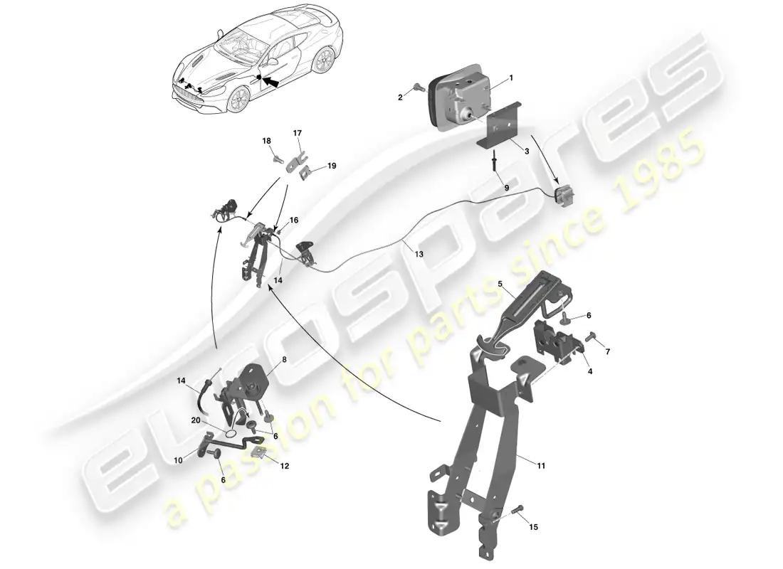 aston martin vanquish (2014) bonnet latch & actuation parts diagram