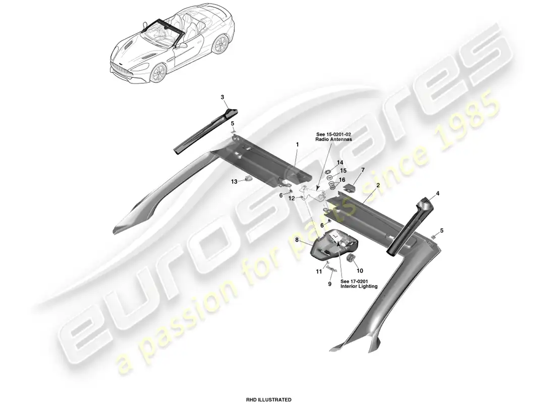 aston martin vanquish (2014) front header trim, volante parts diagram