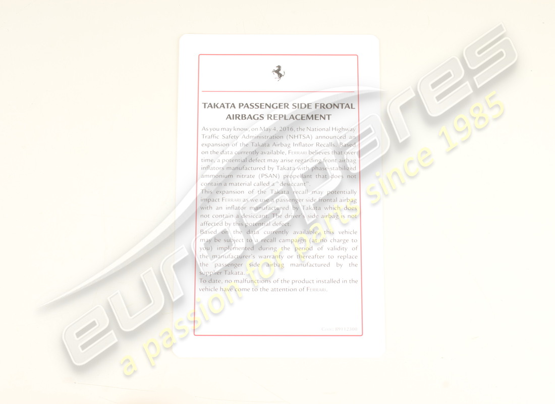 new ferrari airbag information leaflet. part number 89112300 (1)