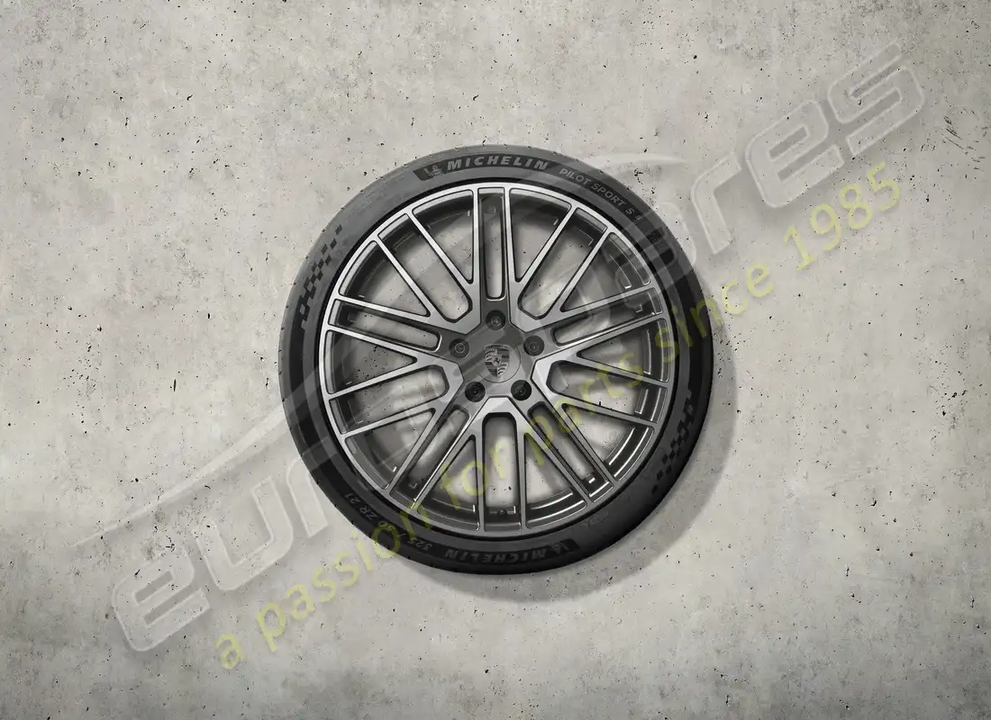 new porsche 21-inch turbo design summer wheel and tyre set - titanium colour. part number 976044660k (1)