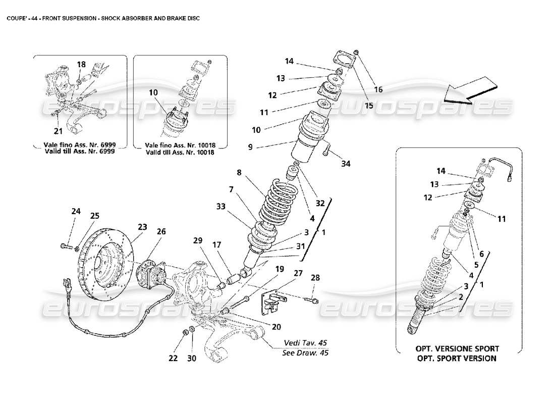 maserati 4200 coupe (2002) front suspension - shock absorber and brake disc parts diagram