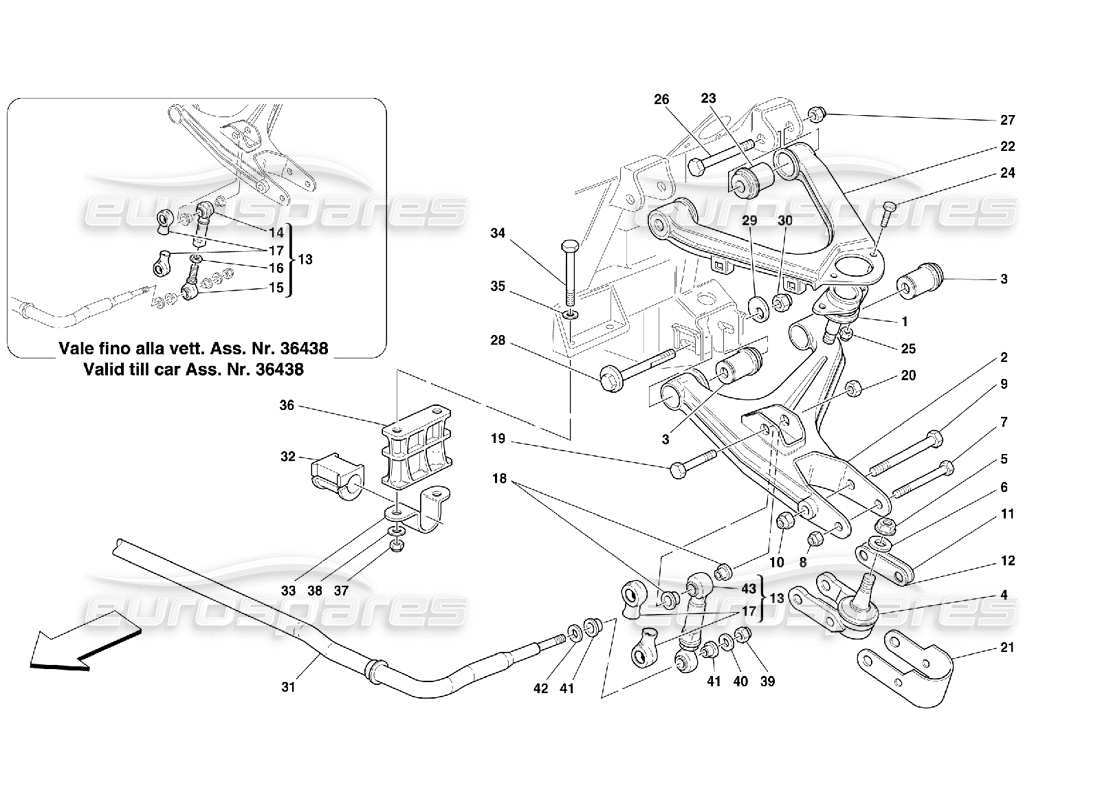 ferrari 550 maranello front suspension - wishbones and stabilizer bar parts diagram