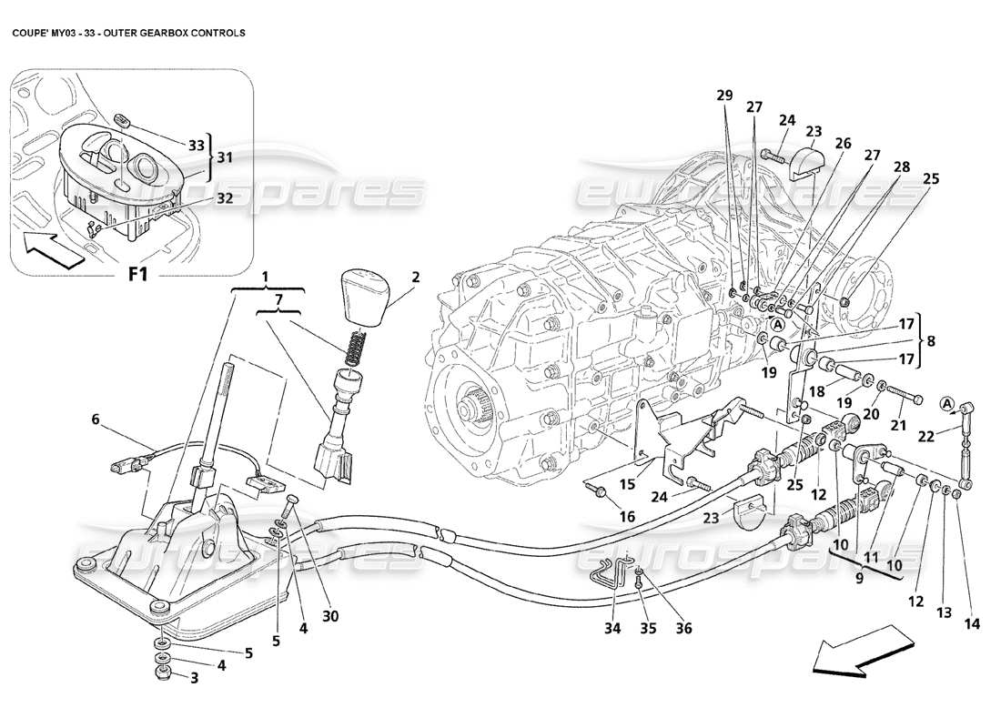 maserati 4200 coupe (2003) outer gearbox controls part diagram